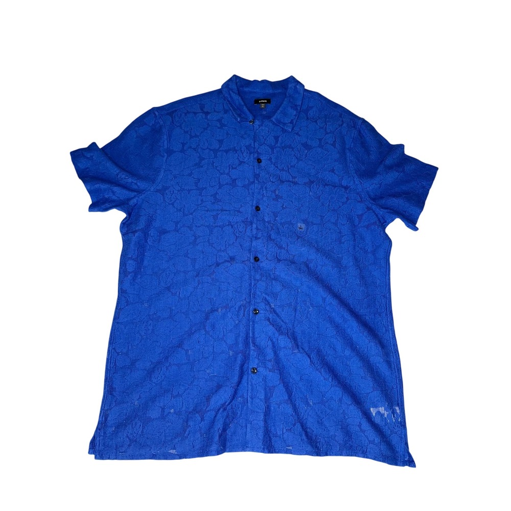 Express Button‎ Down Shirt Mens L Tall Royal Blue Floral Lace Knit